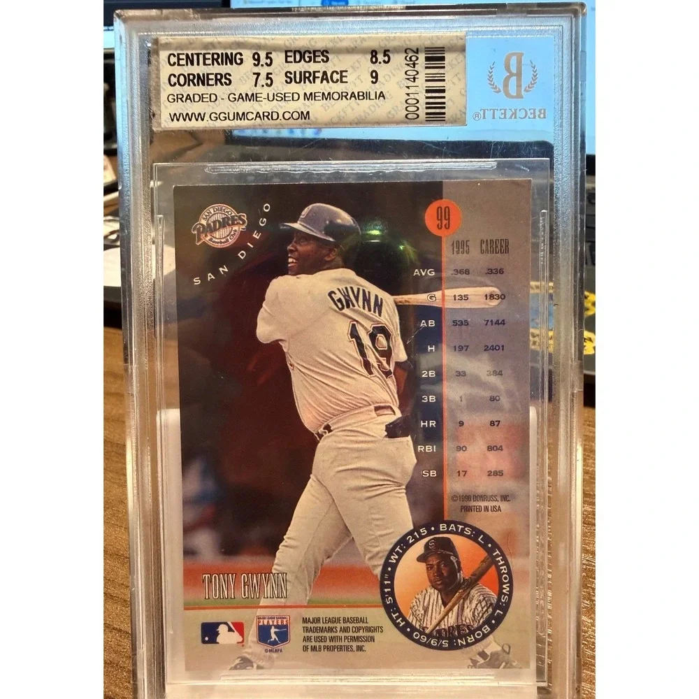 TONY GWYNN 1996 LEAF GAME USED JERSEY CARD SLABBED & GRADED BECKETT NM-MT+ 8.5